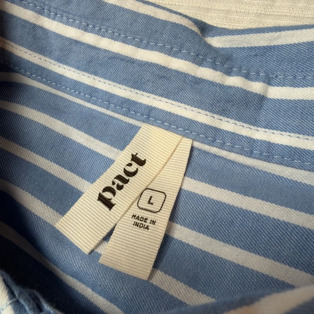 Pact Women L Sunset Lightweight Striped Blue Sleeveless Shirtdress w Pockets - Picture 5 of 9